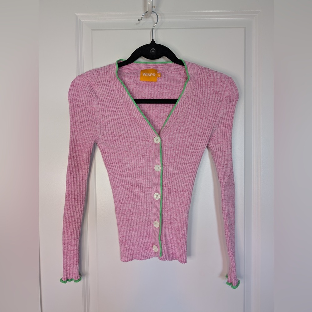 Wispr Womens Skinny Rib Button Down Cardigan Pink Green Contrast Trim Size XS
